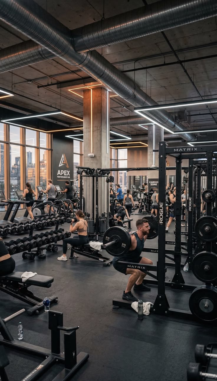 Salão amplo da Arena Academia com esteiras, halteres e alunos treinando em racks