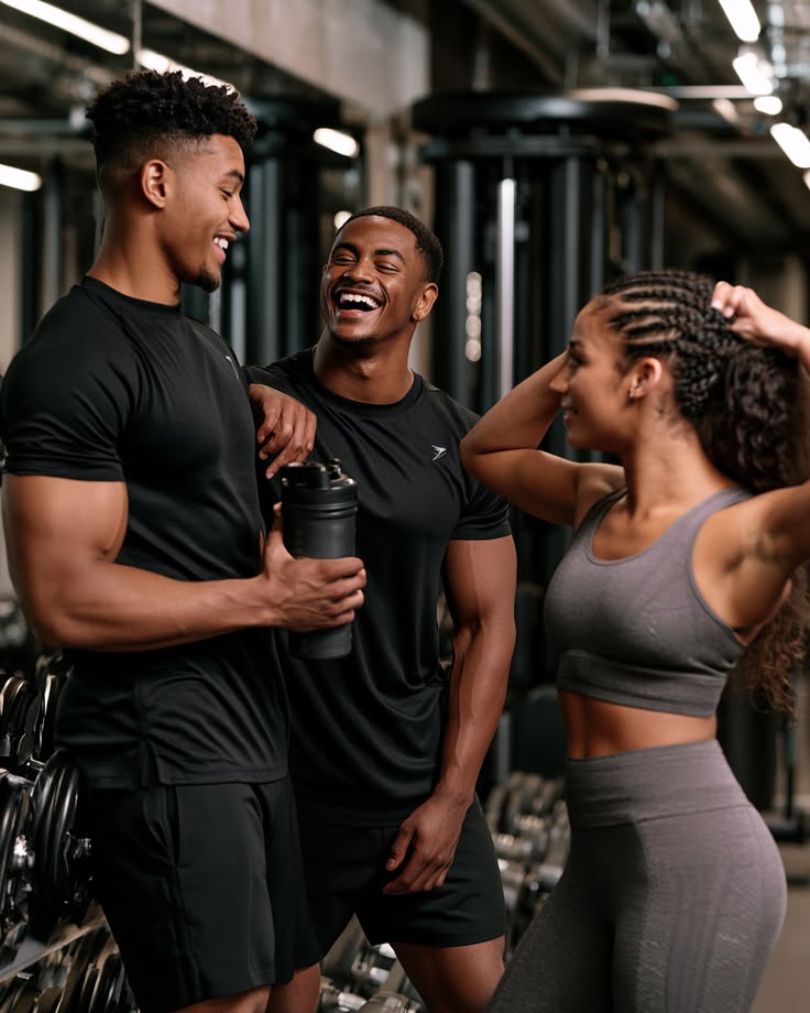 Três alunos da Arena Academia conversando e rindo entre séries perto do rack de halteres