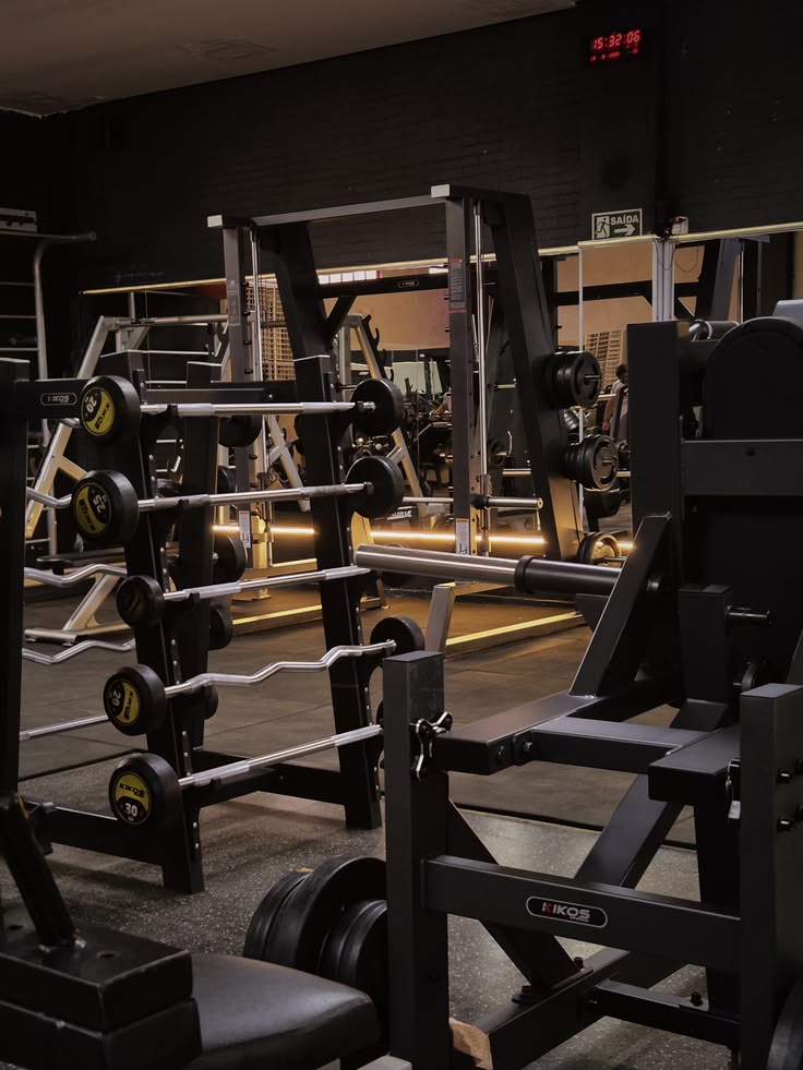 Área de musculação da Arena Academia com racks, barras e anilhas organizadas