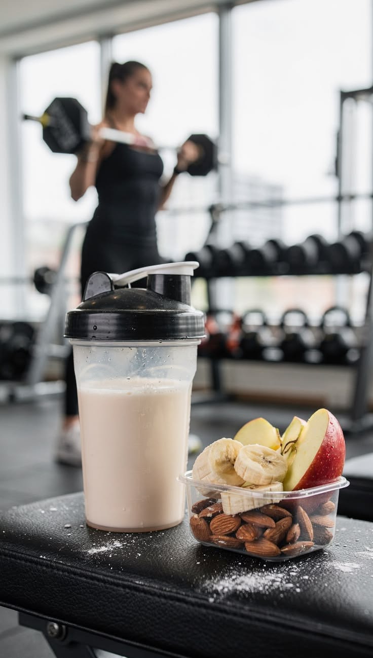 Coqueteleira com shake proteico e porção de frutas e castanhas no banco da academia