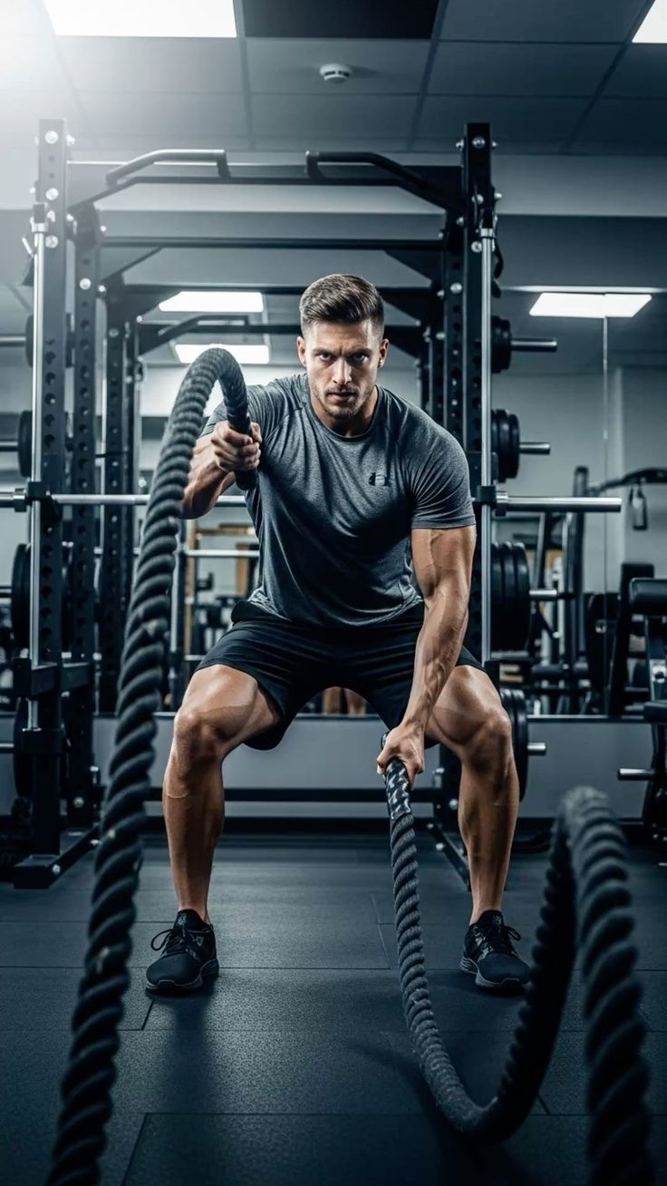 Aluno fazendo treino funcional com battle ropes na Arena Academia